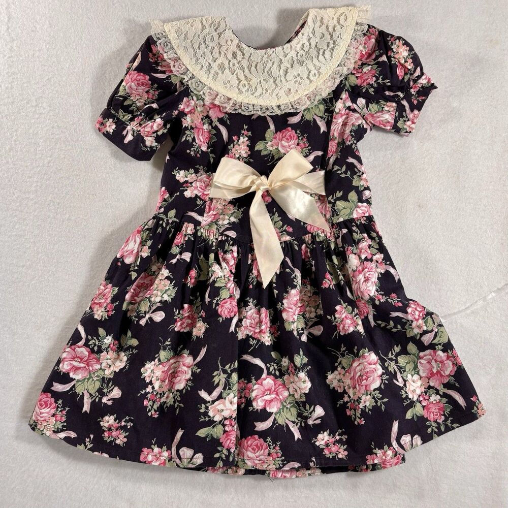 Vintage TOO SWEET Girls 6 Dress Pink Floral On Black With Round Lace Collar
